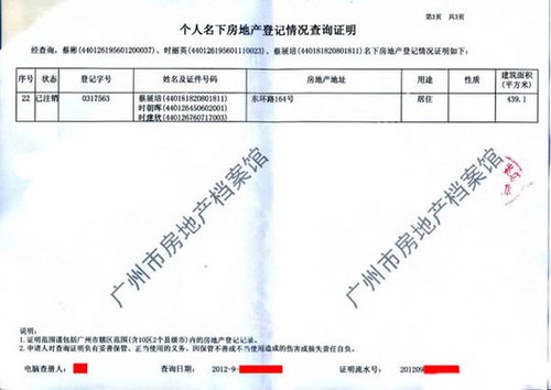 (网帖截图)广州市房管部门制作的《个人名下房地产登记情况查询证明》