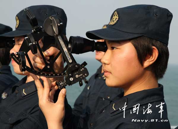 吴桐正在用六分仪测量方位